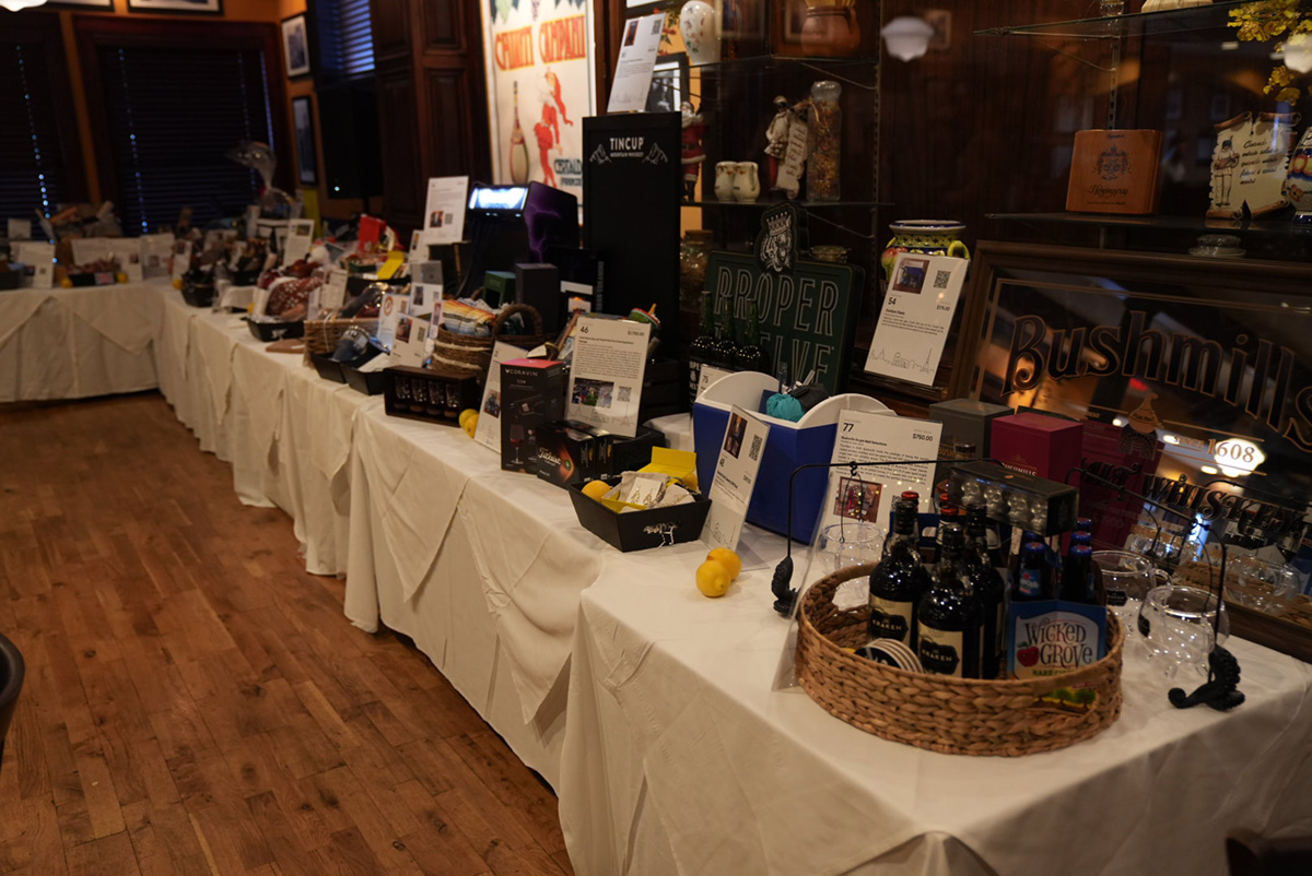 Silent auction baskets on display awaiting their new home.